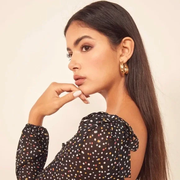 REFORMATION Polka Dot Confetti ELIN Square Neck Bow Shoulder Mini-Dress XS - Picture 2 of 8